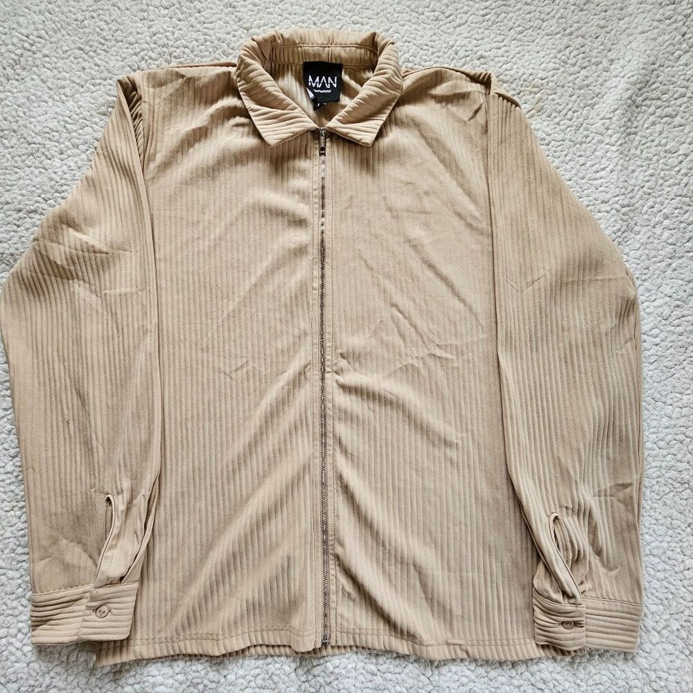 Boohoo Man Beige Ribbed Long Sleeve Zip Collar Jacket Mens Large Lightweight Cas
